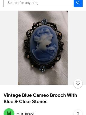 Blue Cameo Brooch with Blue and Clear Stones